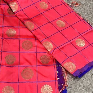 Pink check Indian traditional soft silk saree for women
